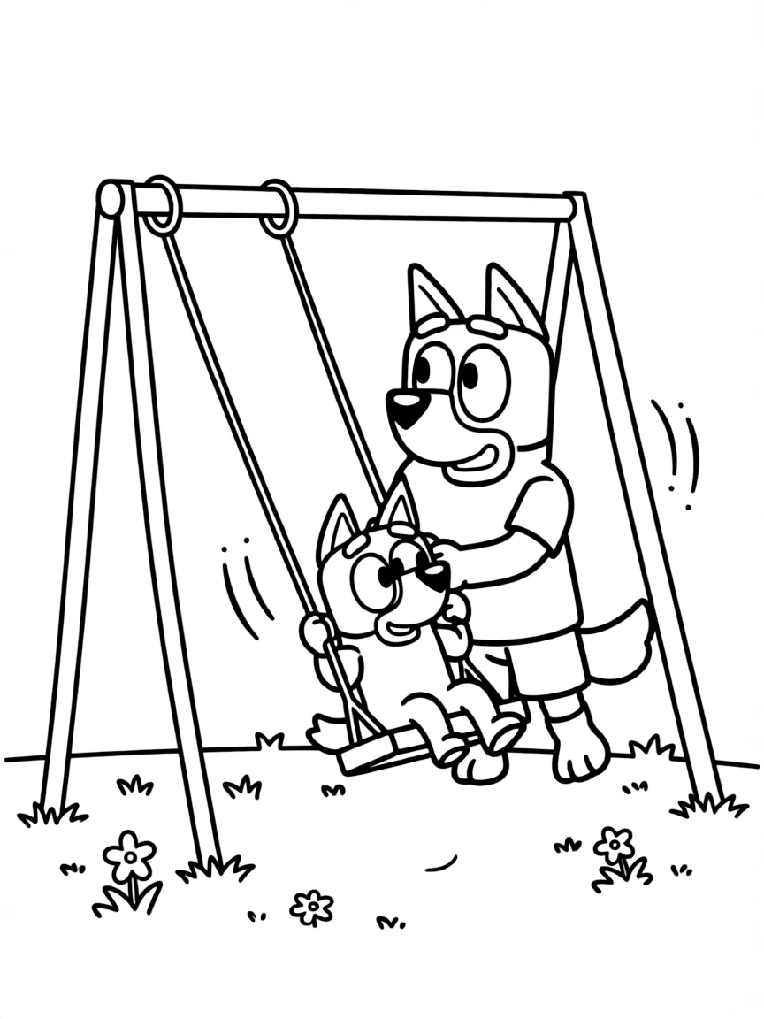 (Bluey TV show) Bandit pushing Bingo on a swing.