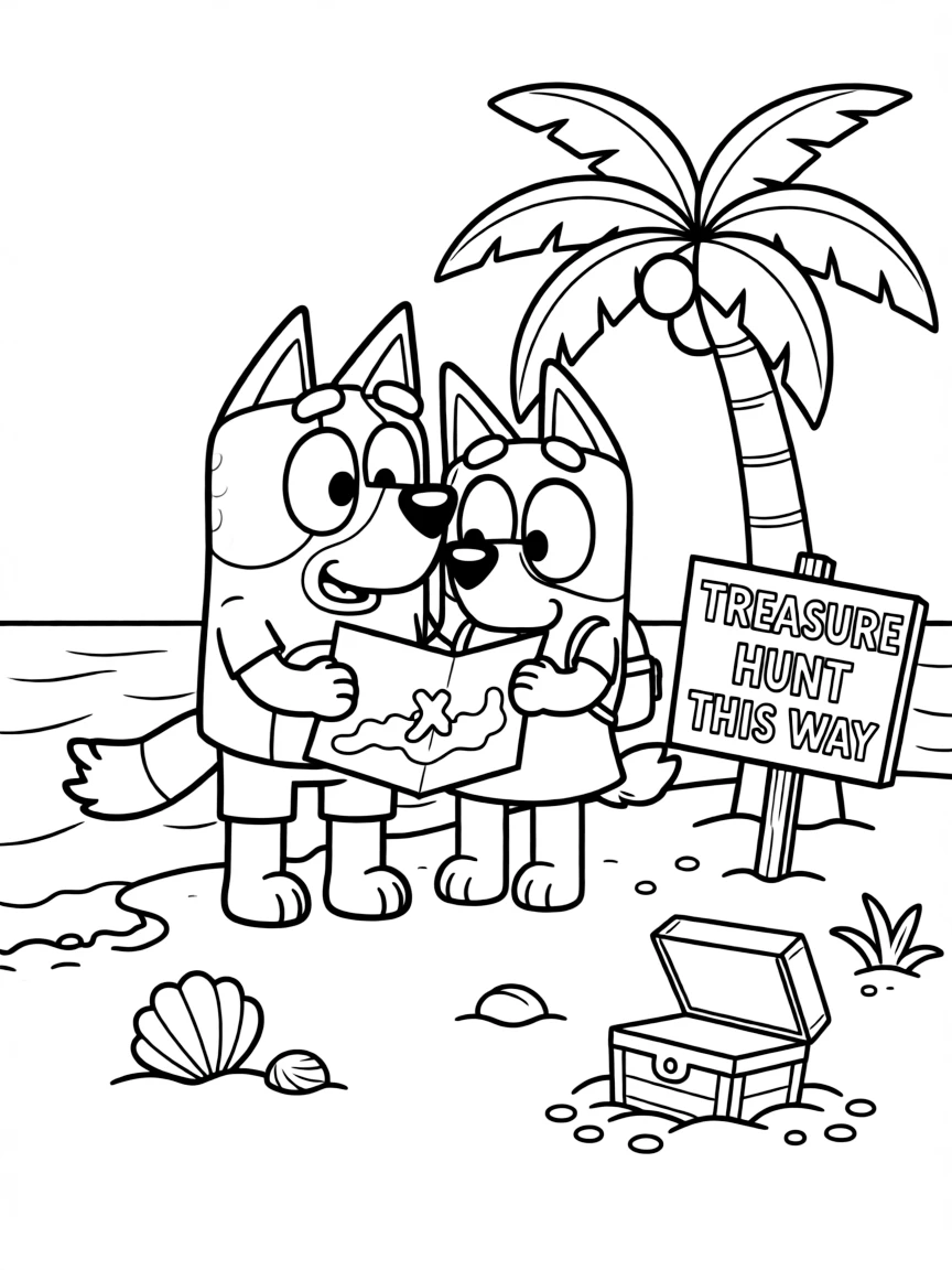 (Bluey TV show) Bluey and Chloe on a treasure hunt.
