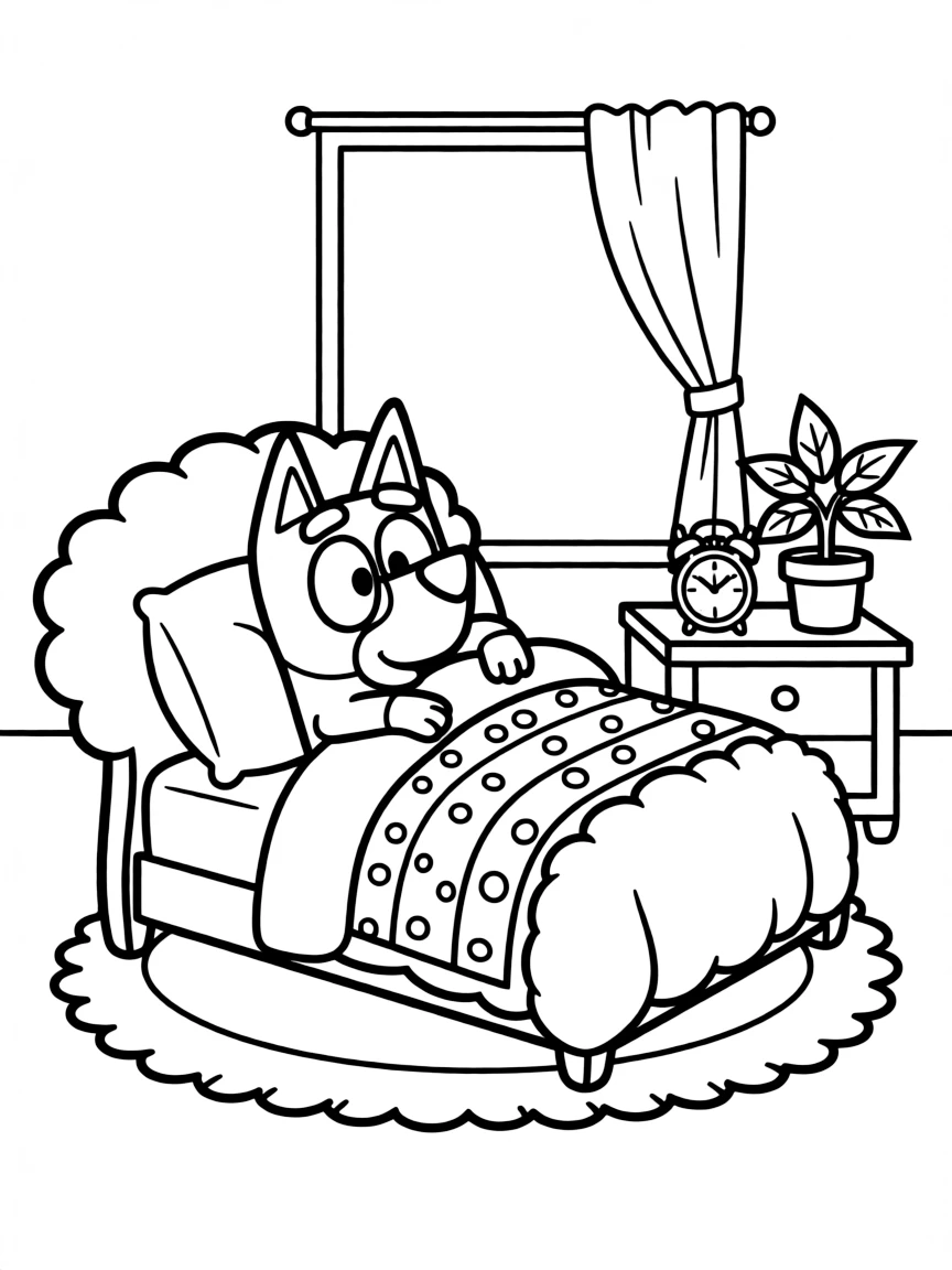 (Bluey TV show) Socks in a cozy bed.