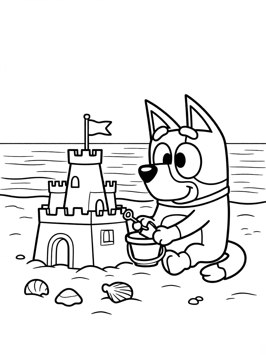 (Bluey TV show) Bluey building a sandcastle.