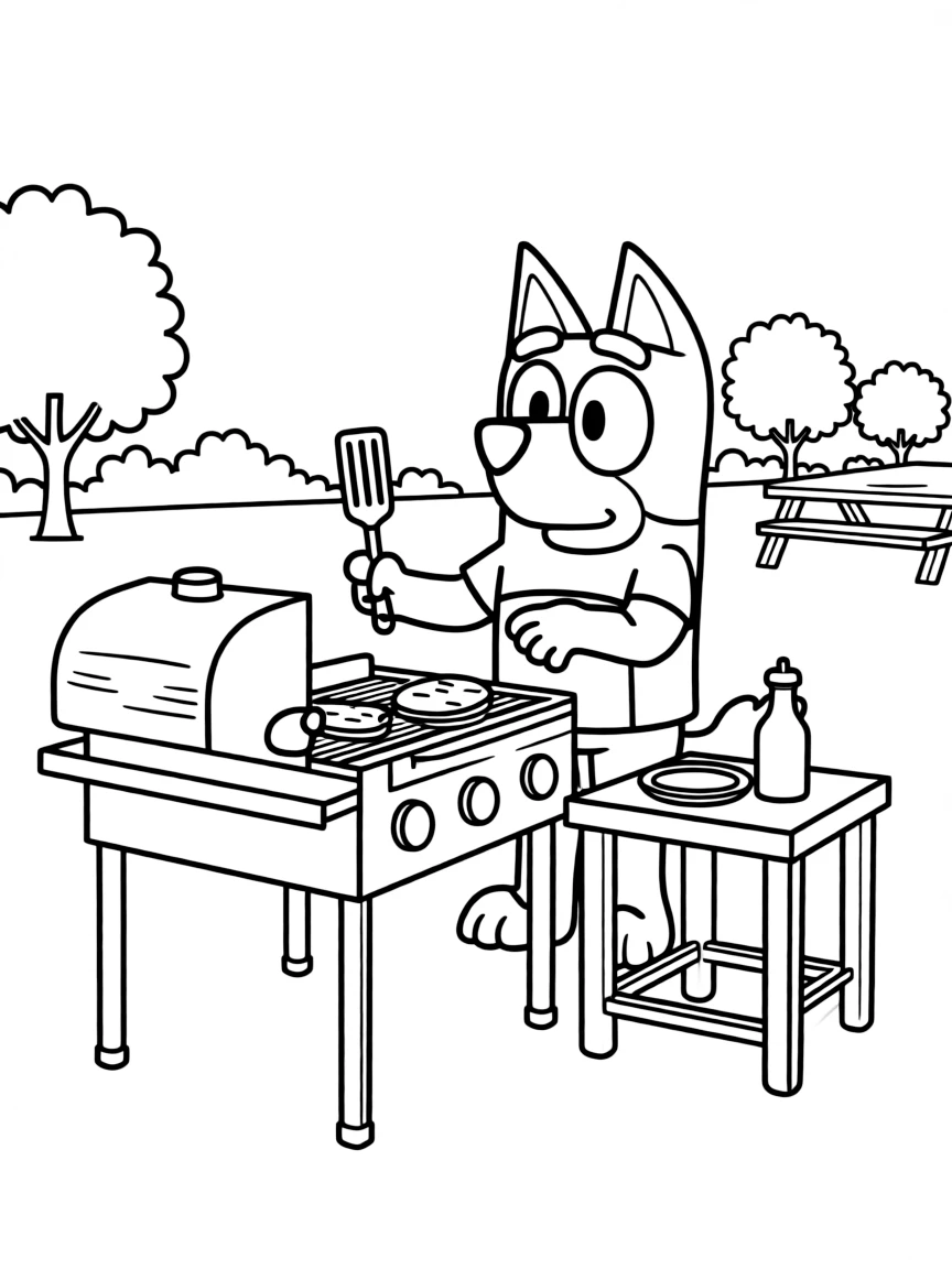 (Bluey TV show) Bandit cooking on a grill.
