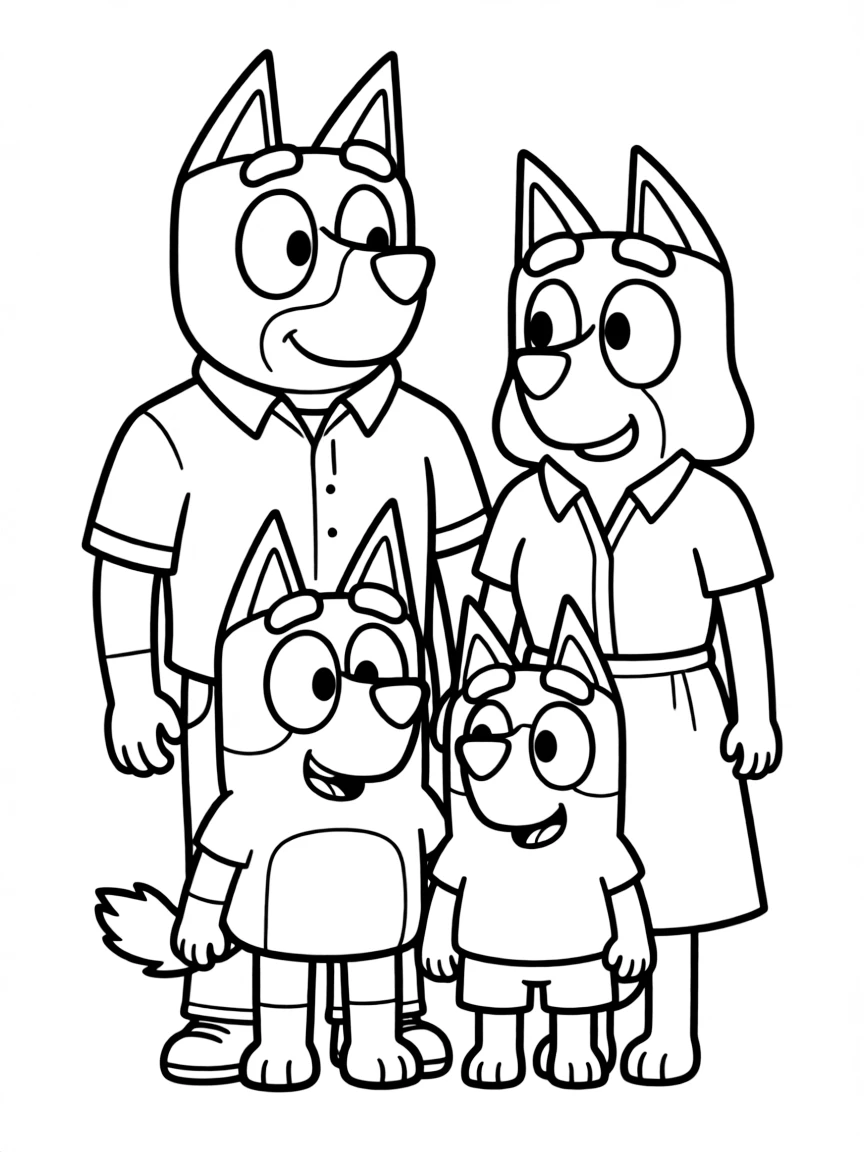 (Bluey TV show) Bluey, Bingo, Bandit, and Chilli together as a family.