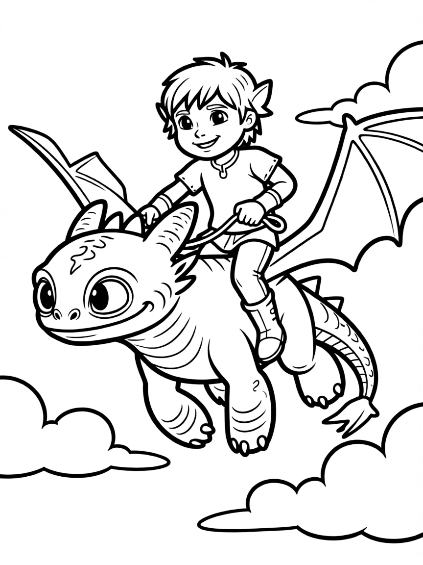 (characters in "How to Train Your Dragon") Hiccup flying on Toothless.