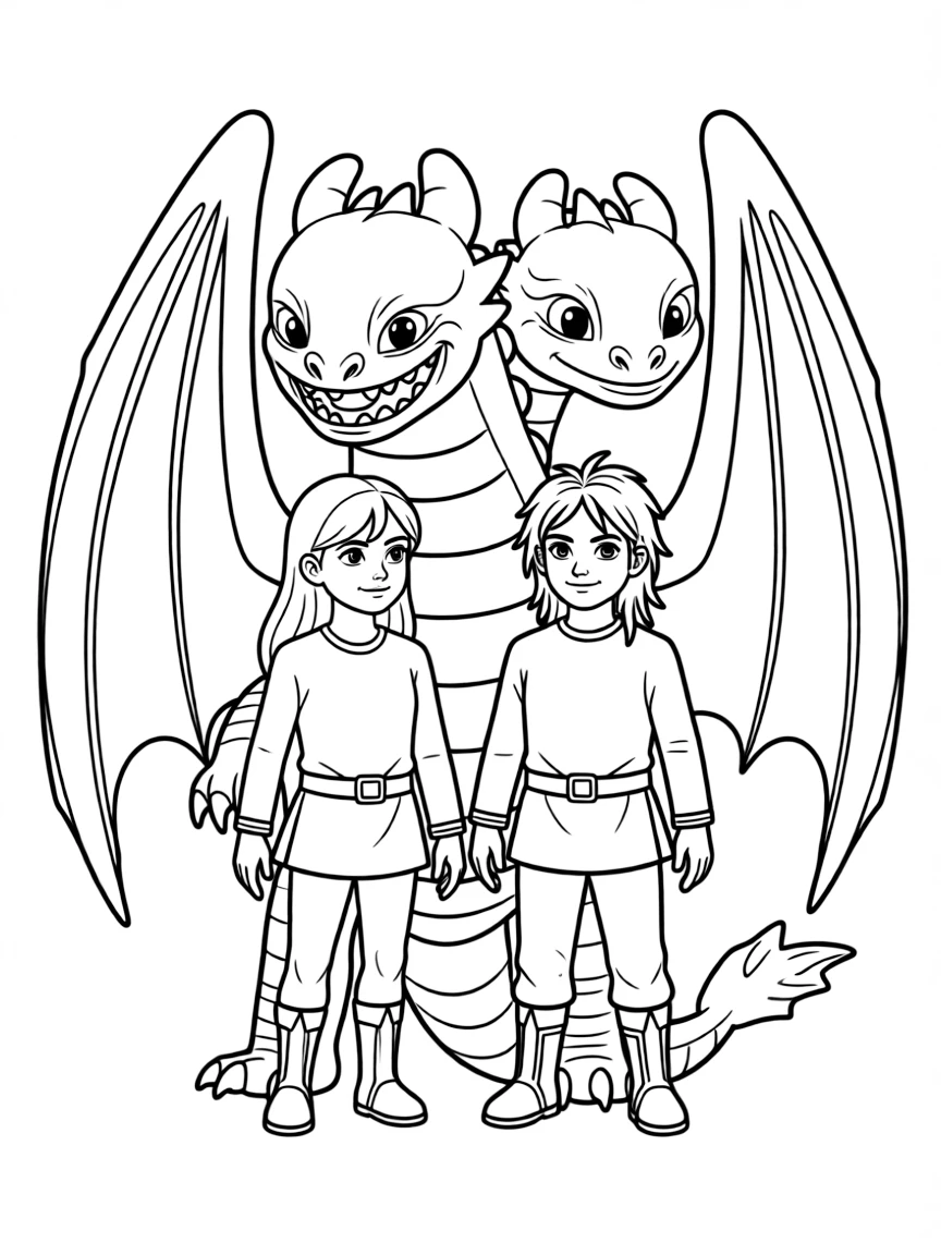(characters in "How to Train Your Dragon") Ruffnut and Tuffnut with Barf and Belch.