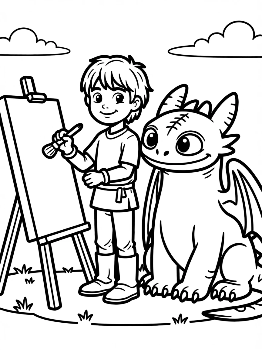 (characters in "How to Train Your Dragon") Hiccup drawing Toothless.