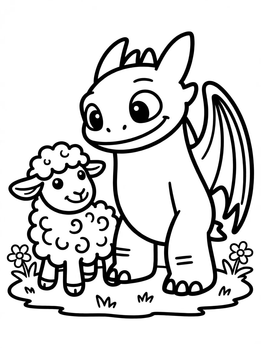 (characters in "How to Train Your Dragon") Toothless playing with a sheep.