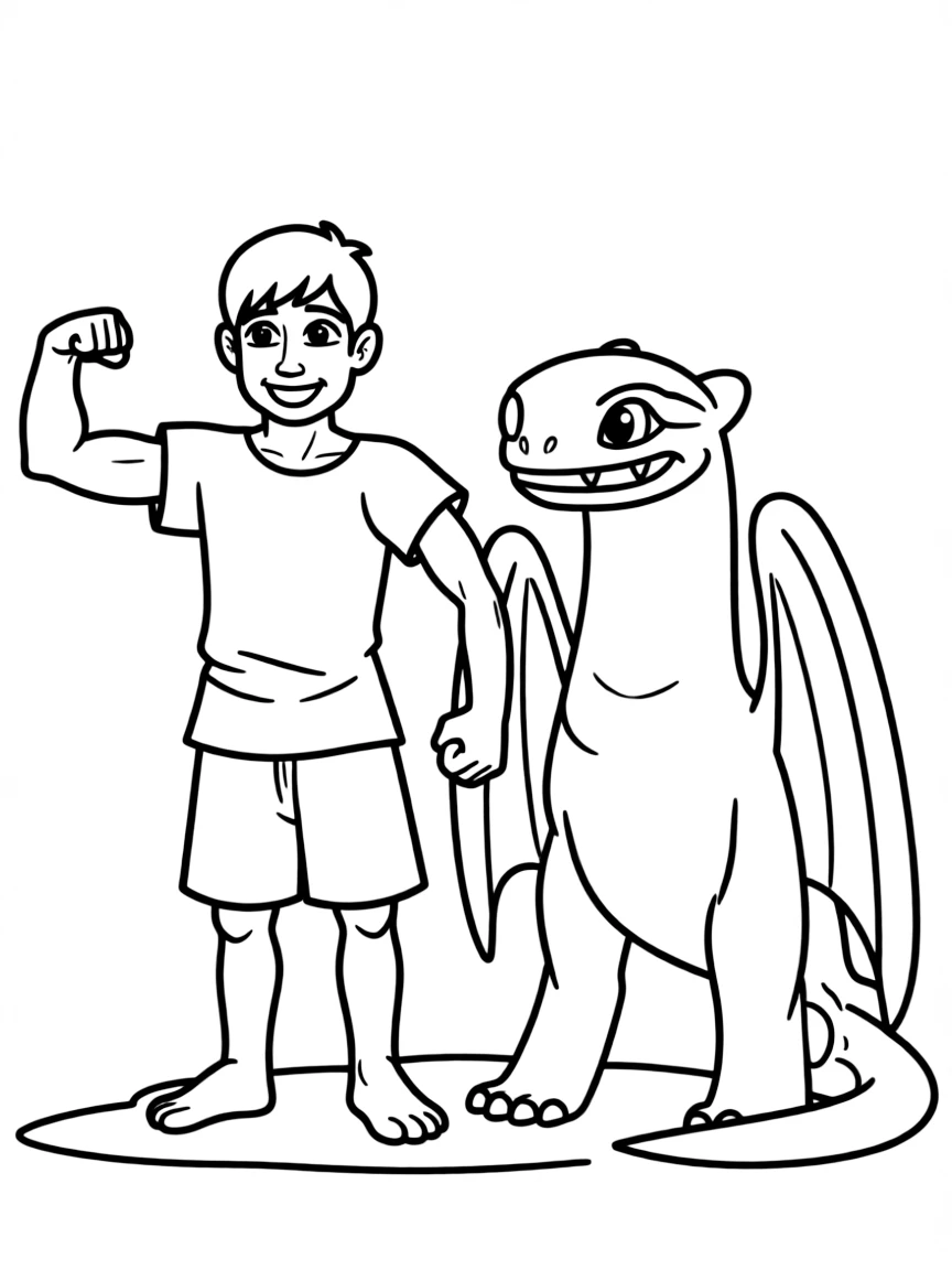 (characters in "How to Train Your Dragon") Snotlout flexing with Hookfang.