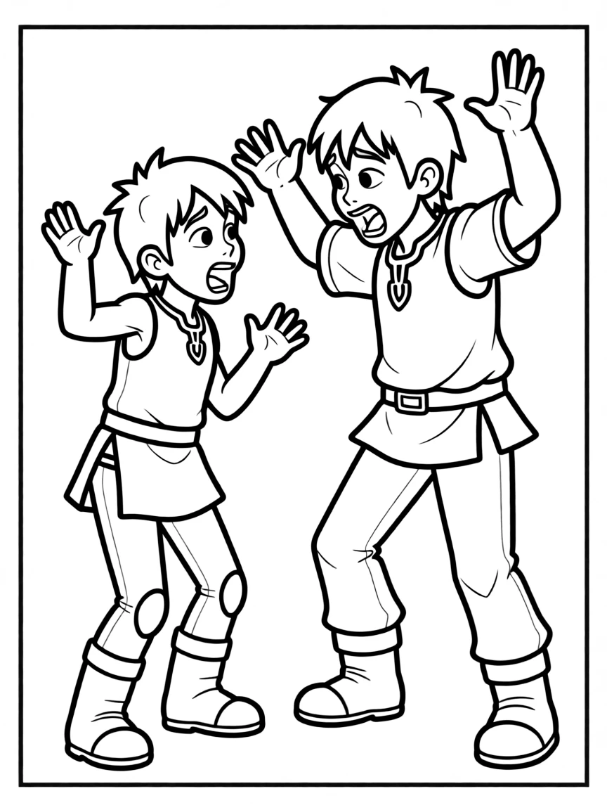 (characters in "How to Train Your Dragon") Ruffnut and Tuffnut arguing.