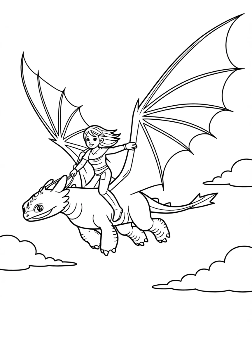 (characters in "How to Train Your Dragon") Valka soaring with Cloudjumper.