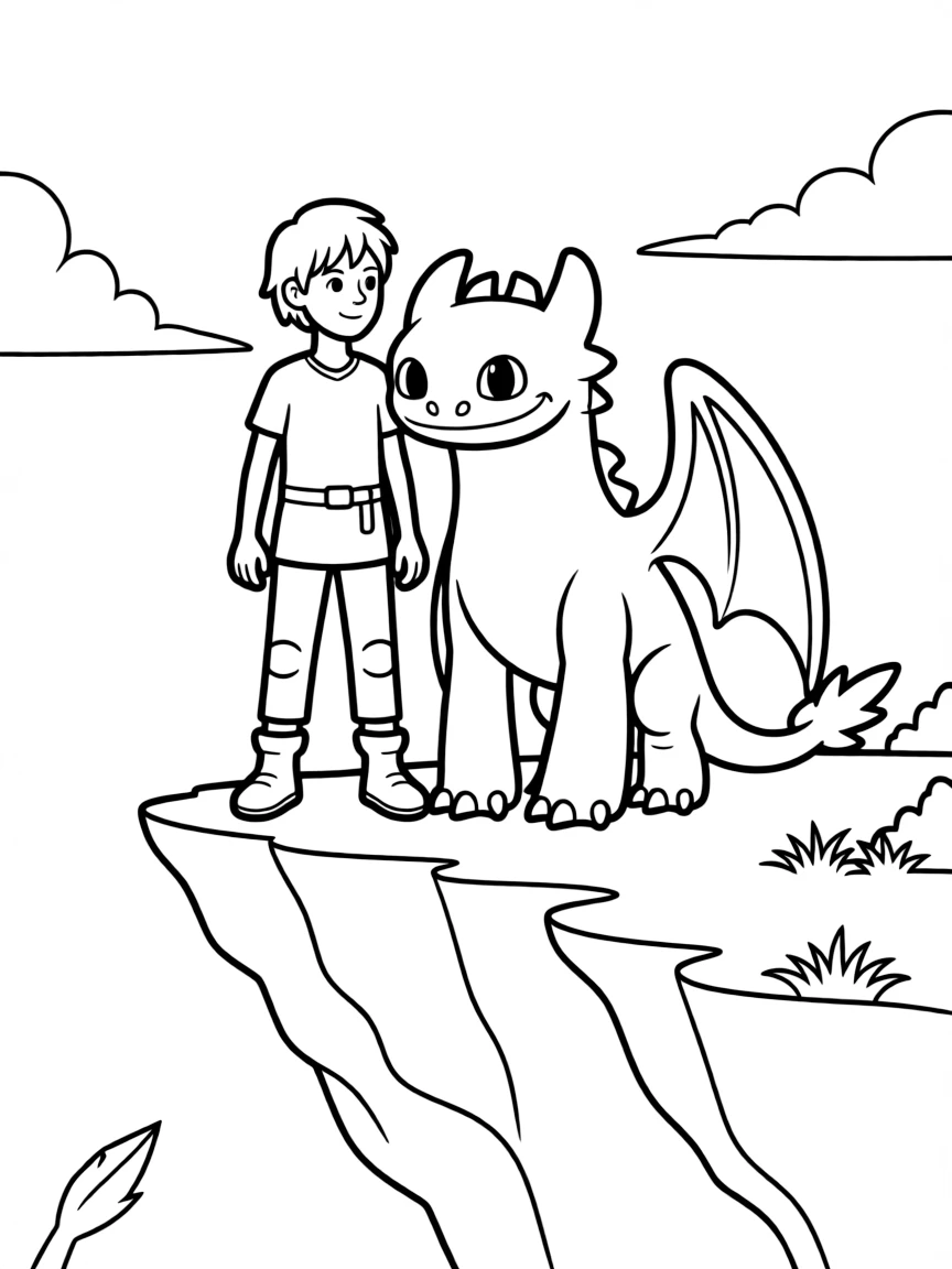 (characters in "How to Train Your Dragon") Hiccup and Toothless on a cliff.