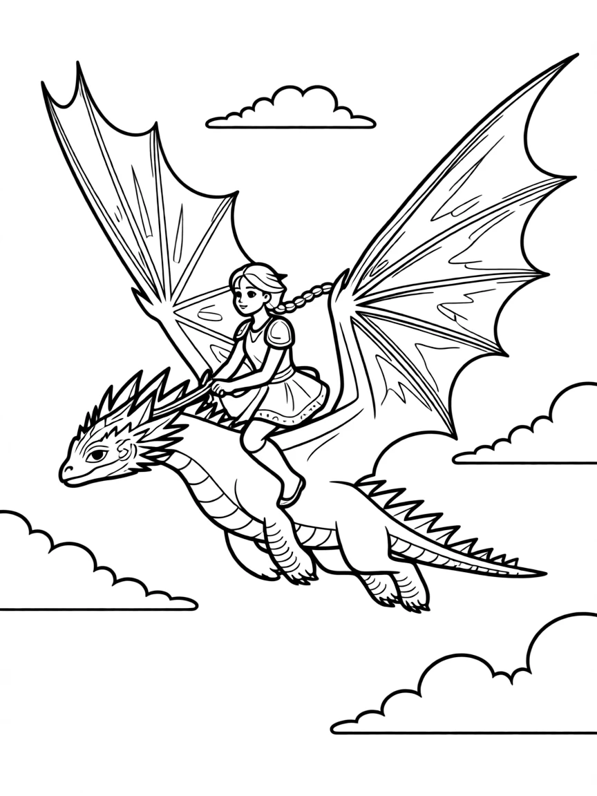 (characters in "How to Train Your Dragon") Astrid and Stormfly in the sky.