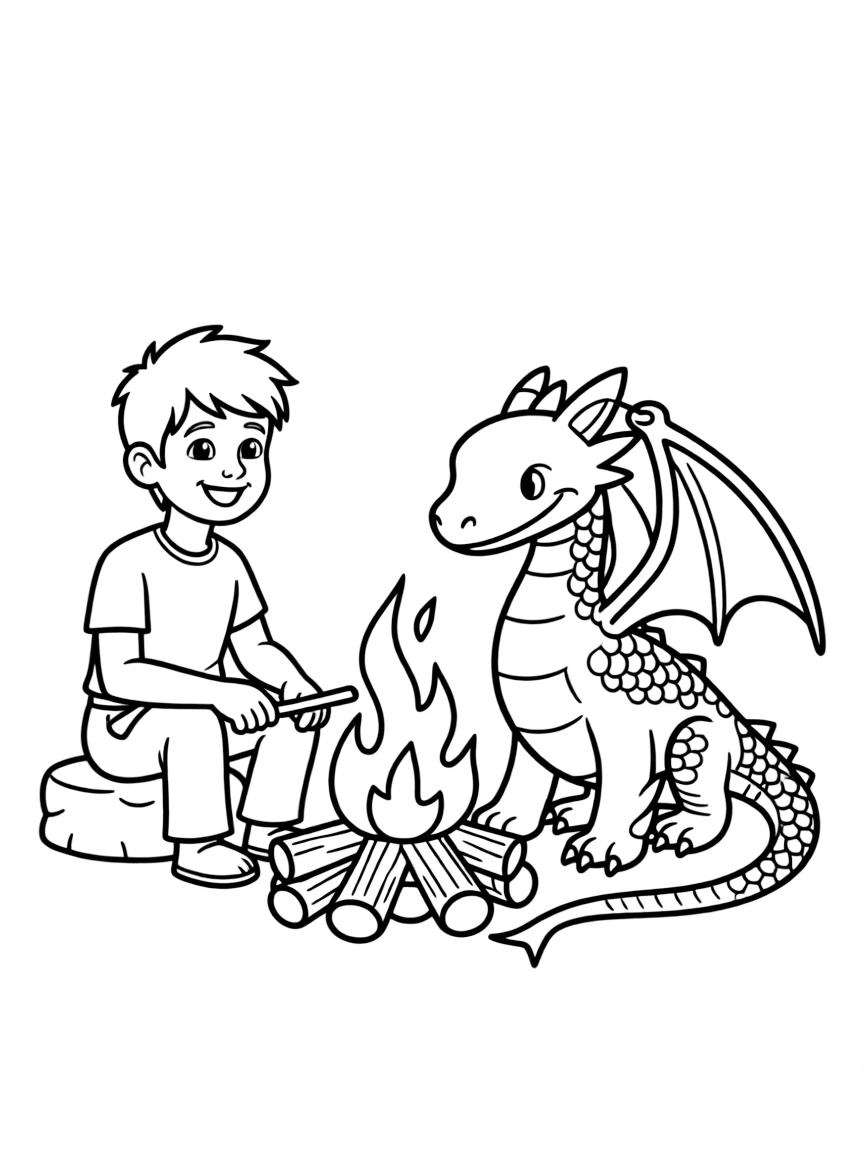 (characters in "How to Train Your Dragon") Snotlout and Hookfang by a campfire.
