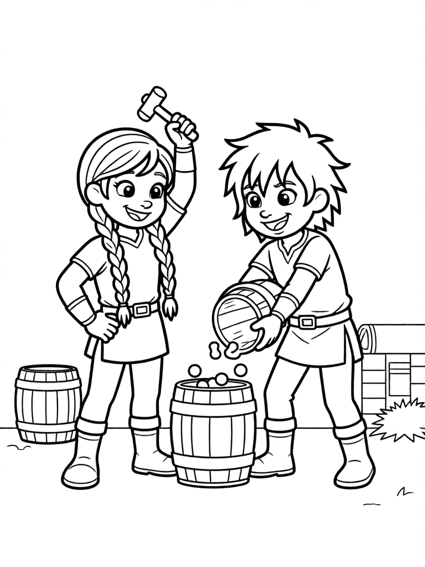 (characters in "How to Train Your Dragon") Ruffnut and Tuffnut causing mischief.