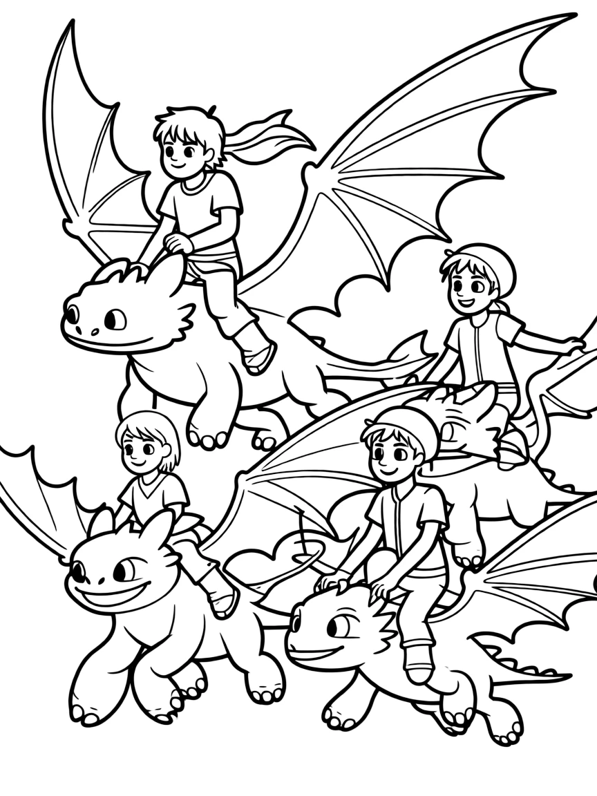 (characters in "How to Train Your Dragon") The gang flying together.