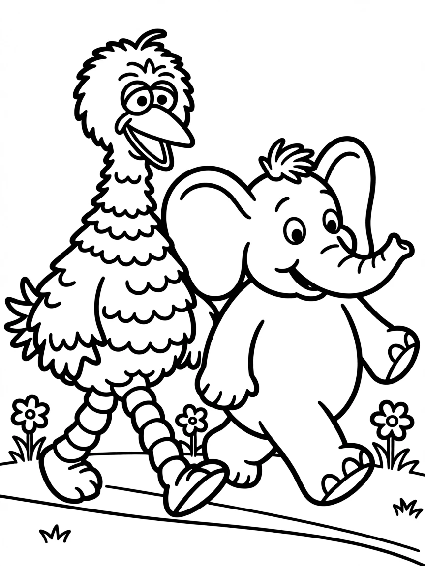 (Sesame Street) Big Bird and Snuffy walking together.