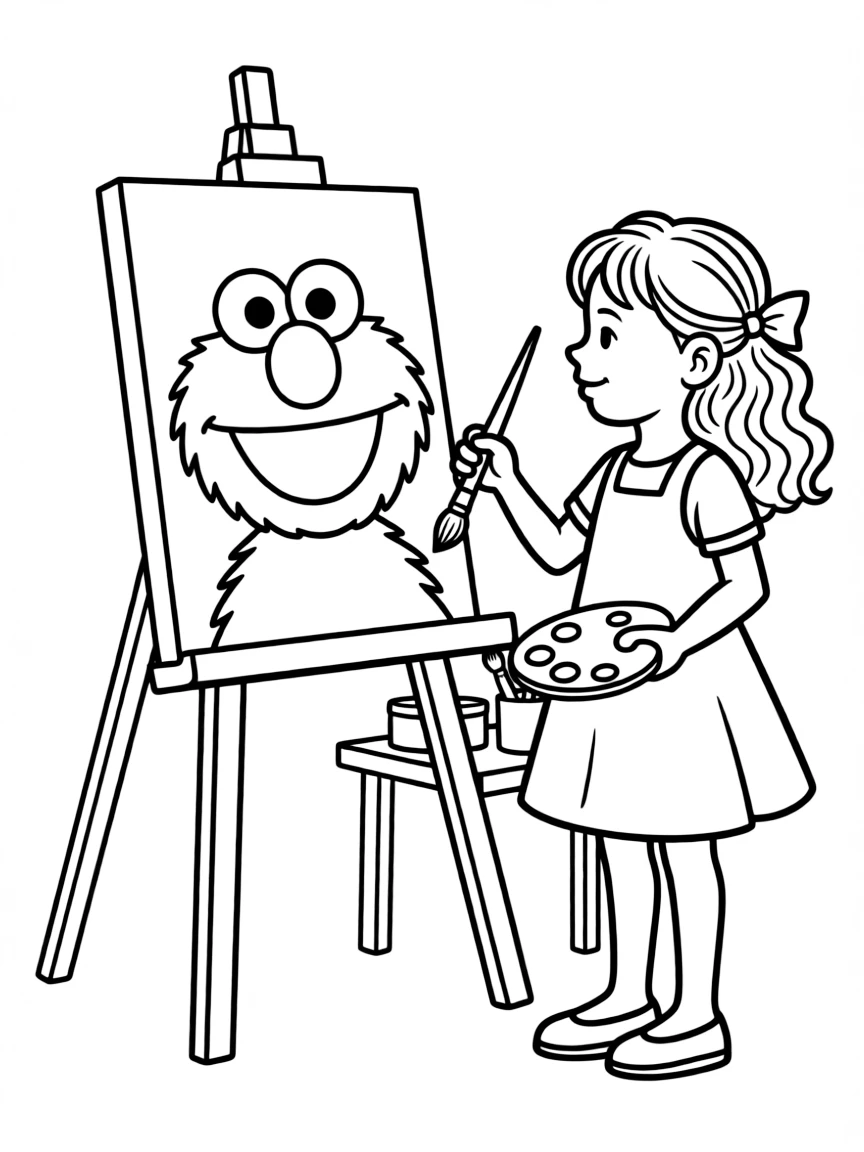 (Sesame Street) Julia painting a picture of Elmo.