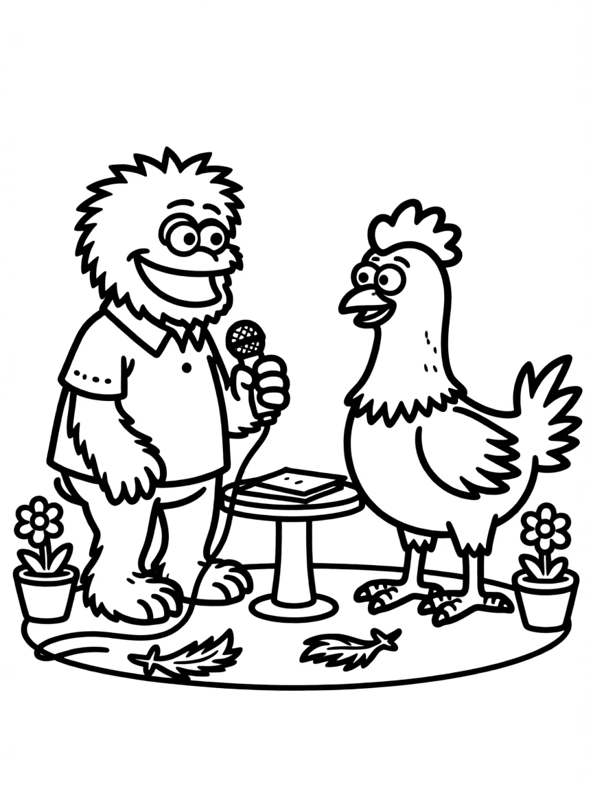 (Sesame Street) Murray Monster interviewing a chicken.