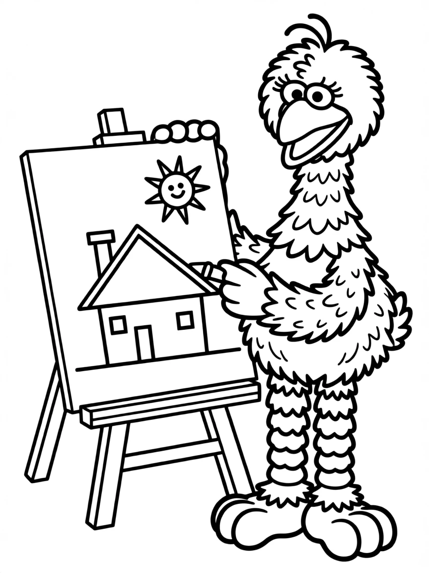 (Sesame Street) Big Bird drawing a picture.