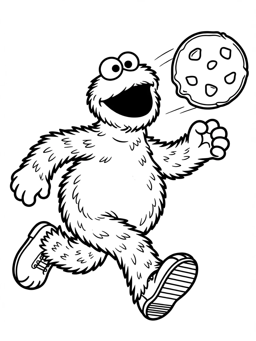 (Sesame Street) Cookie Monster running after a cookie.