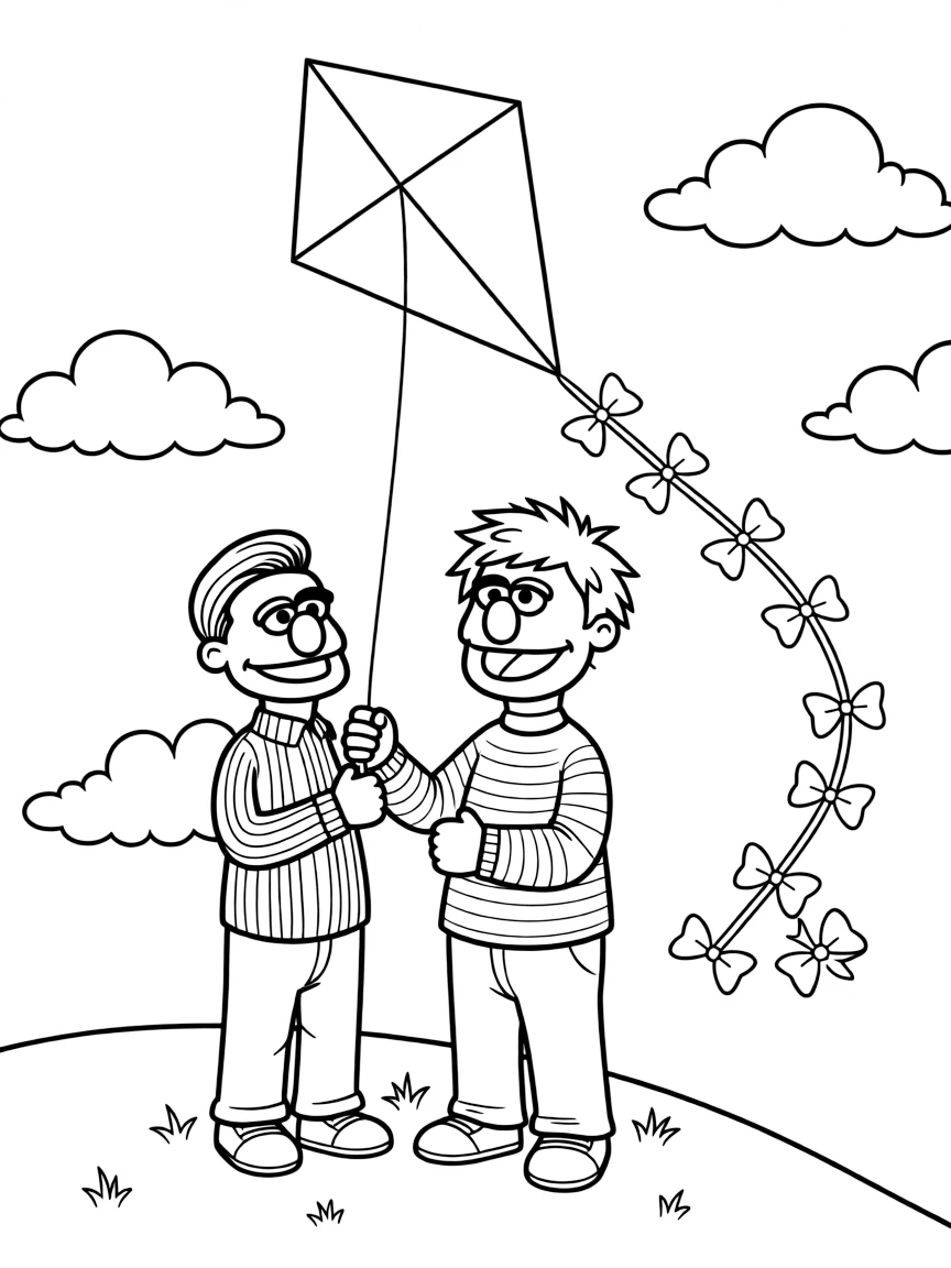 (Sesame Street) Bert and Ernie flying a kite.