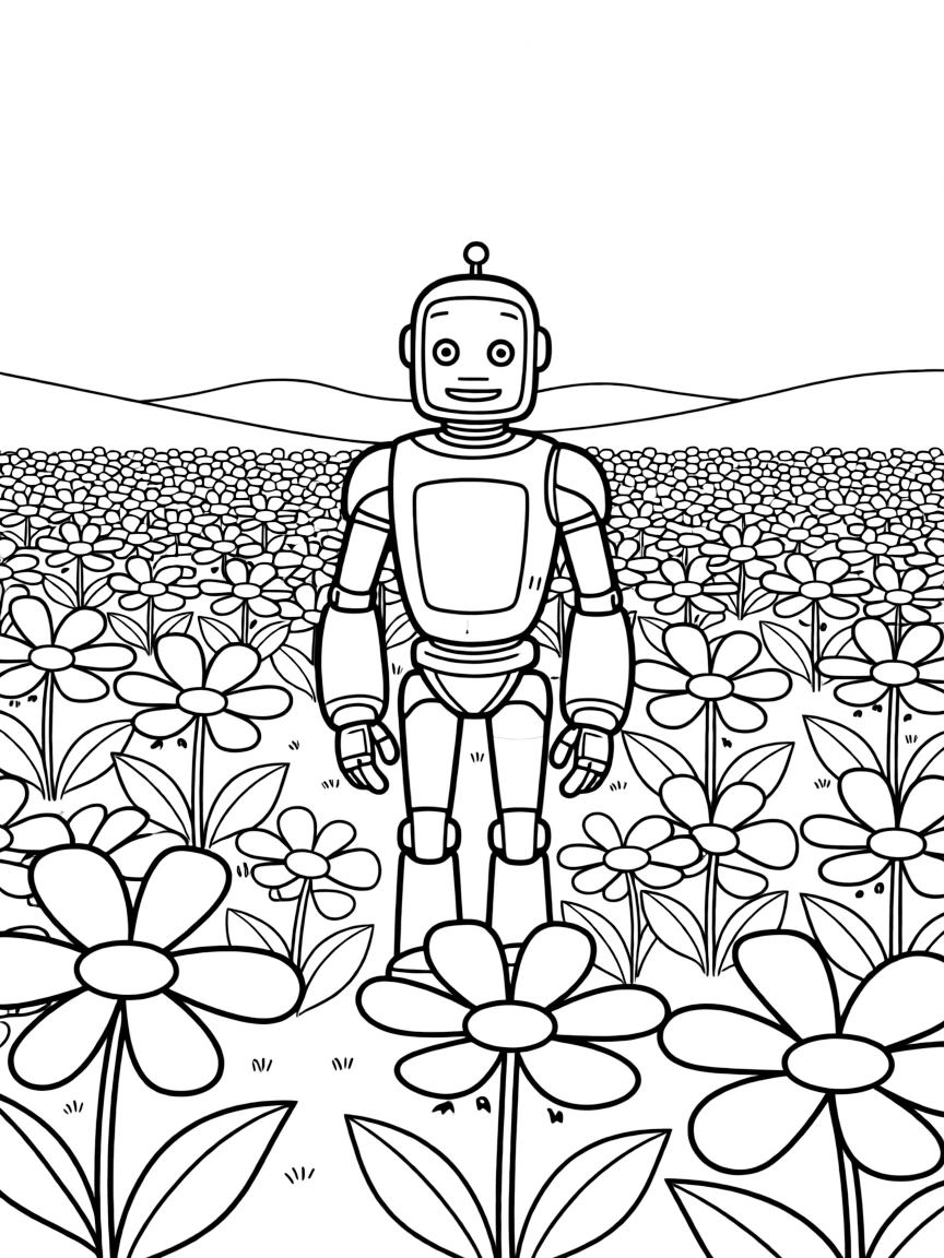 (The Wild Robot, movie) Roz standing in a field of flowers.