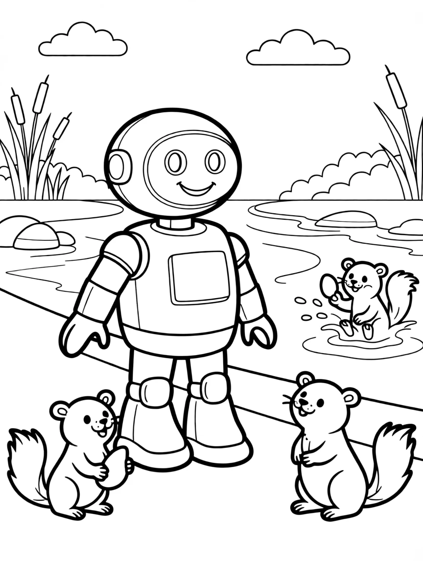 (The Wild Robot, movie) Roz interacting with the otters.