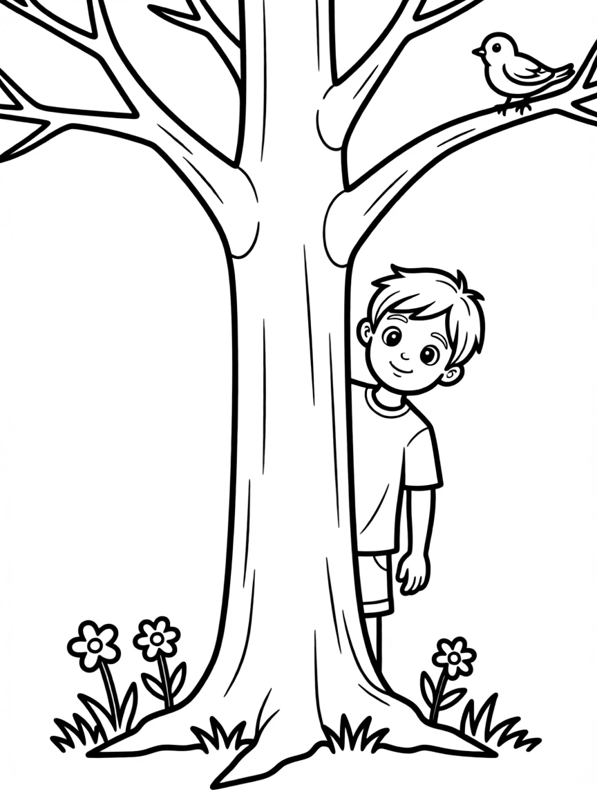 (The Wild Robot, movie) Sneak peeking around a tree.