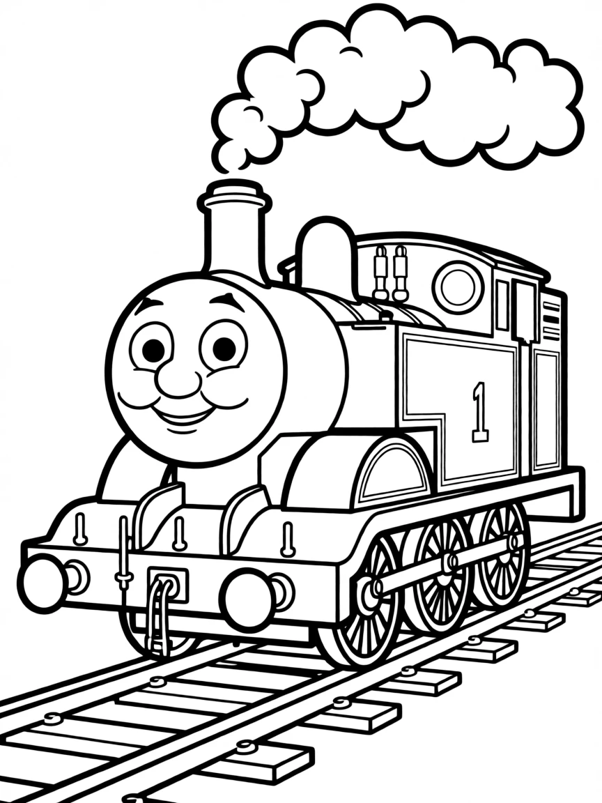 (Thomas & Friends TV show) Thomas puffing happily on the tracks.