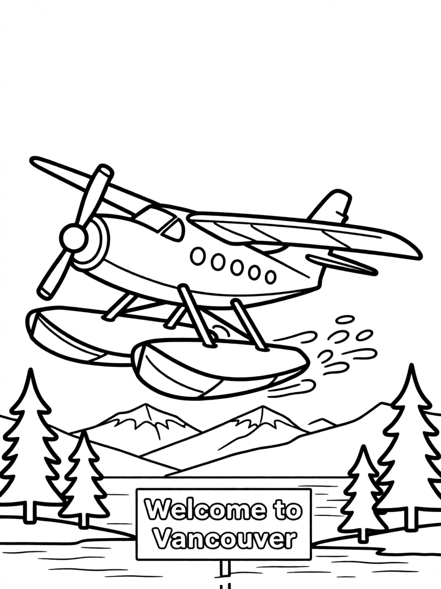 A cartoon-style drawing of a seaplane taking off in Vancouver for coloring.
