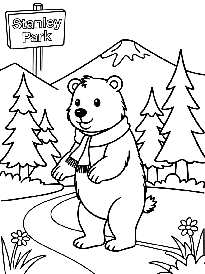 A simple outline of a bear playing in Stanley Park, Vancouver.