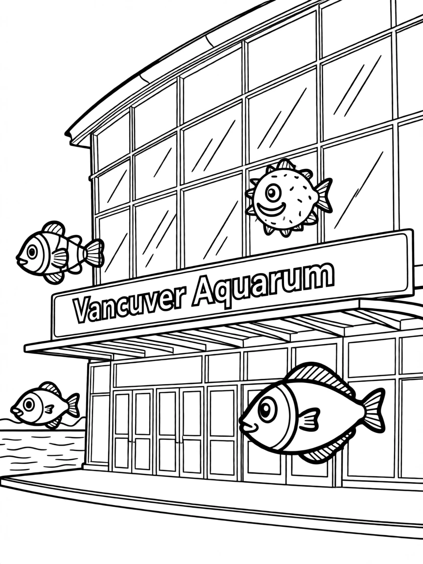 A drawing of the Vancouver Aquarium with cartoon fish for coloring.