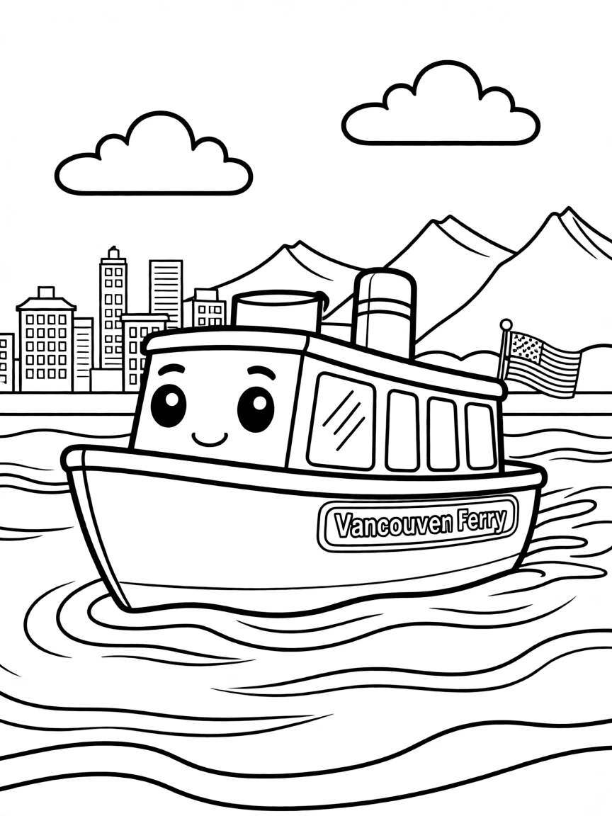 A cute drawing of a ferry boat near Vancouver for kids to color.