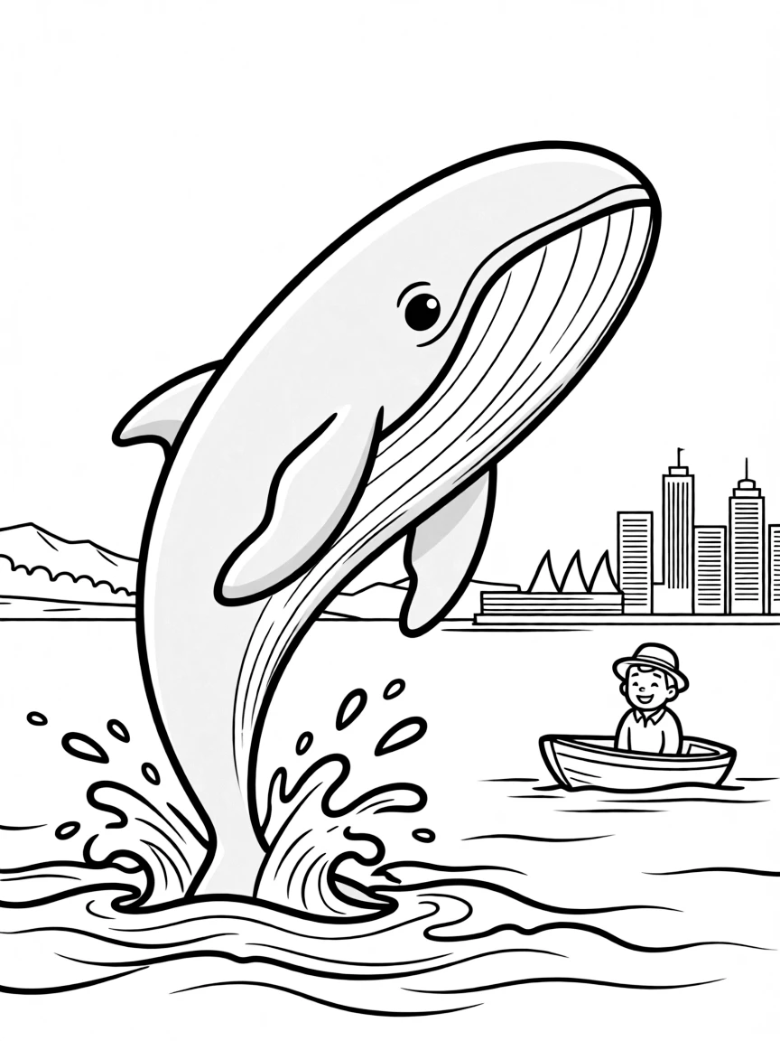 A simple outline of a whale jumping near Vancouver for coloring.