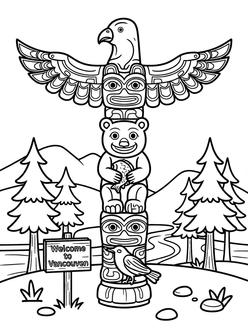 A drawing of a friendly totem pole in Vancouver for coloring.