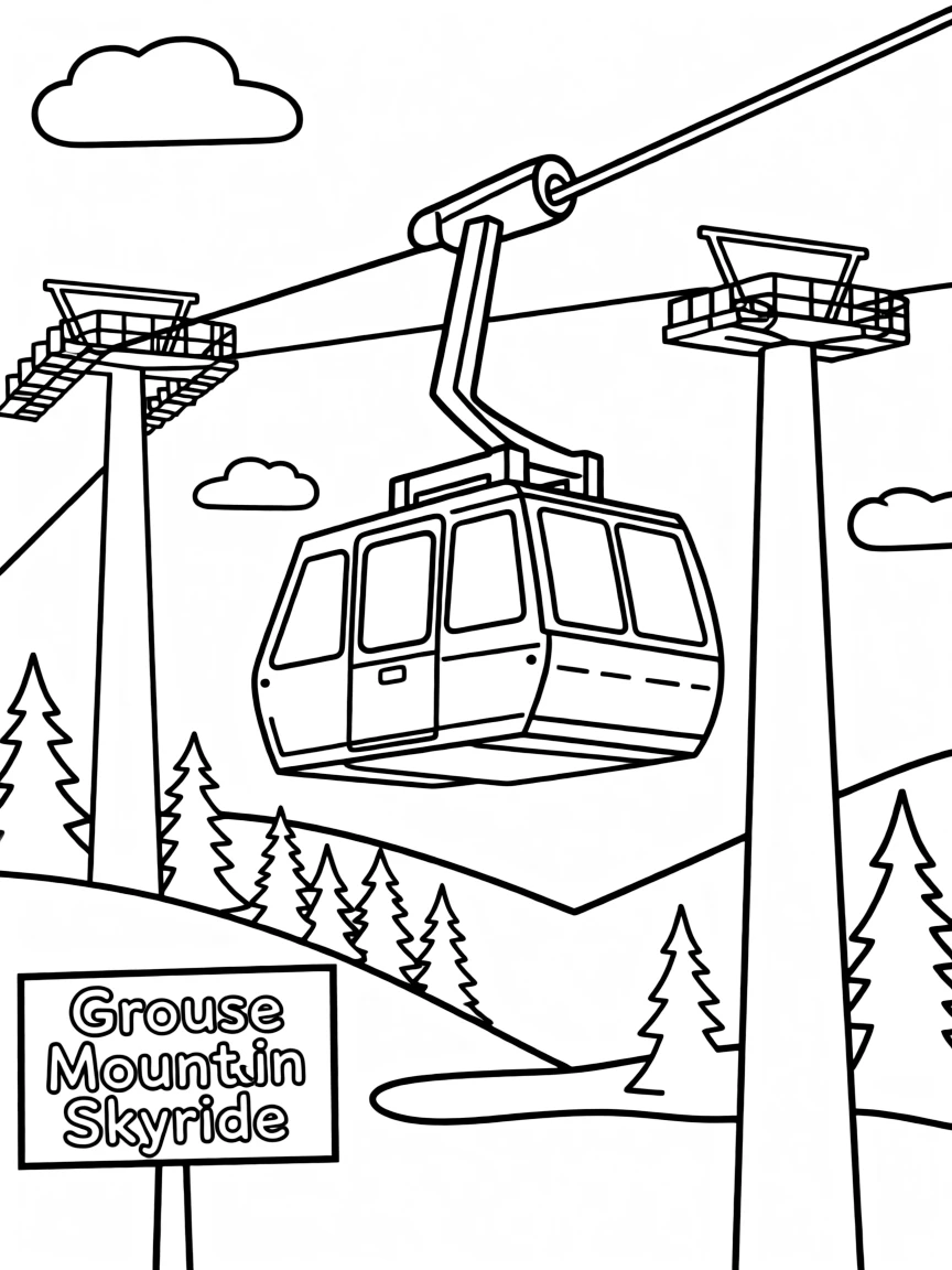 A simplified drawing of Grouse Mountain Skyride for coloring.