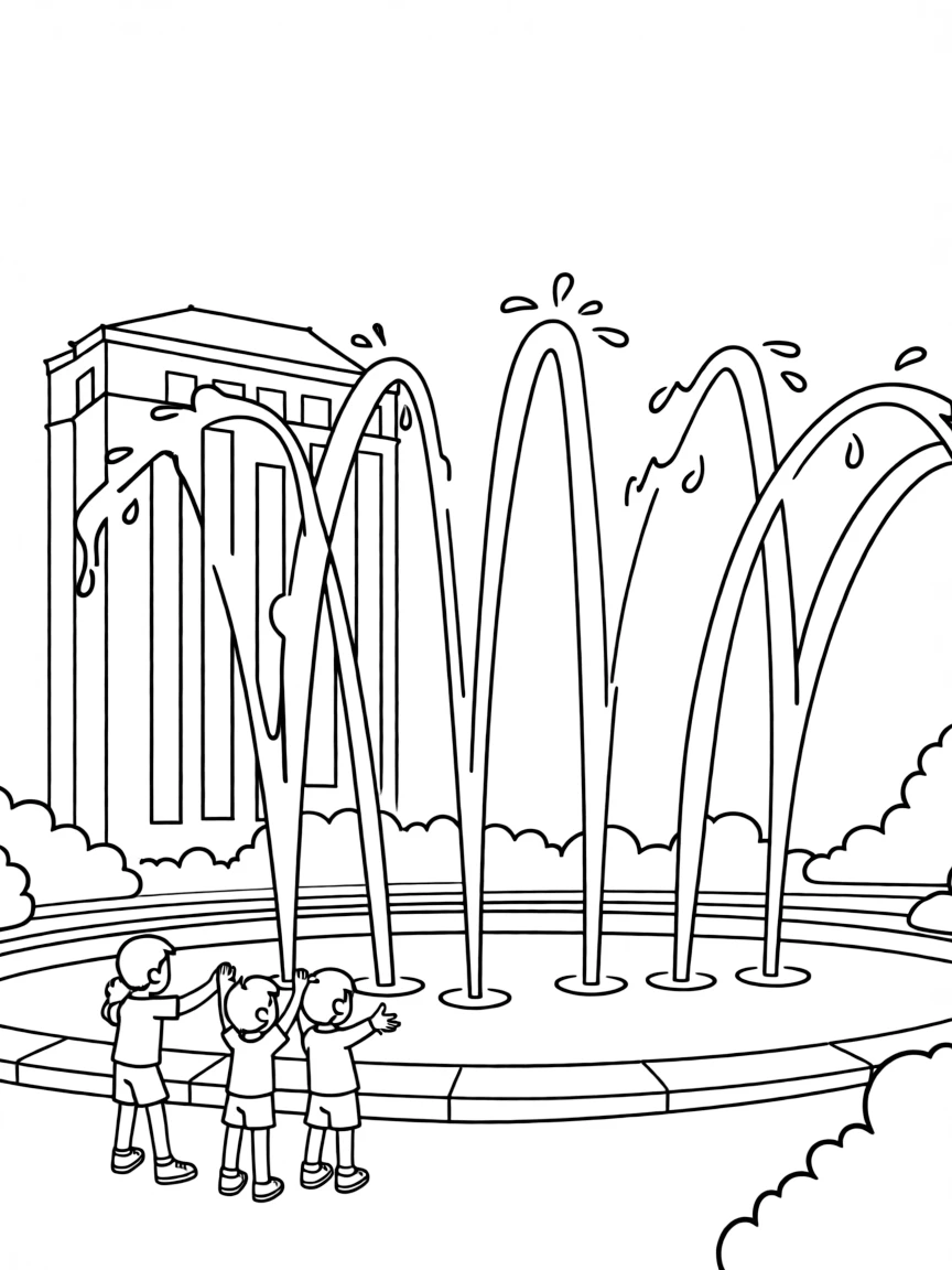 A cartoon drawing of the Bellagio Fountains in Las Vegas for coloring.