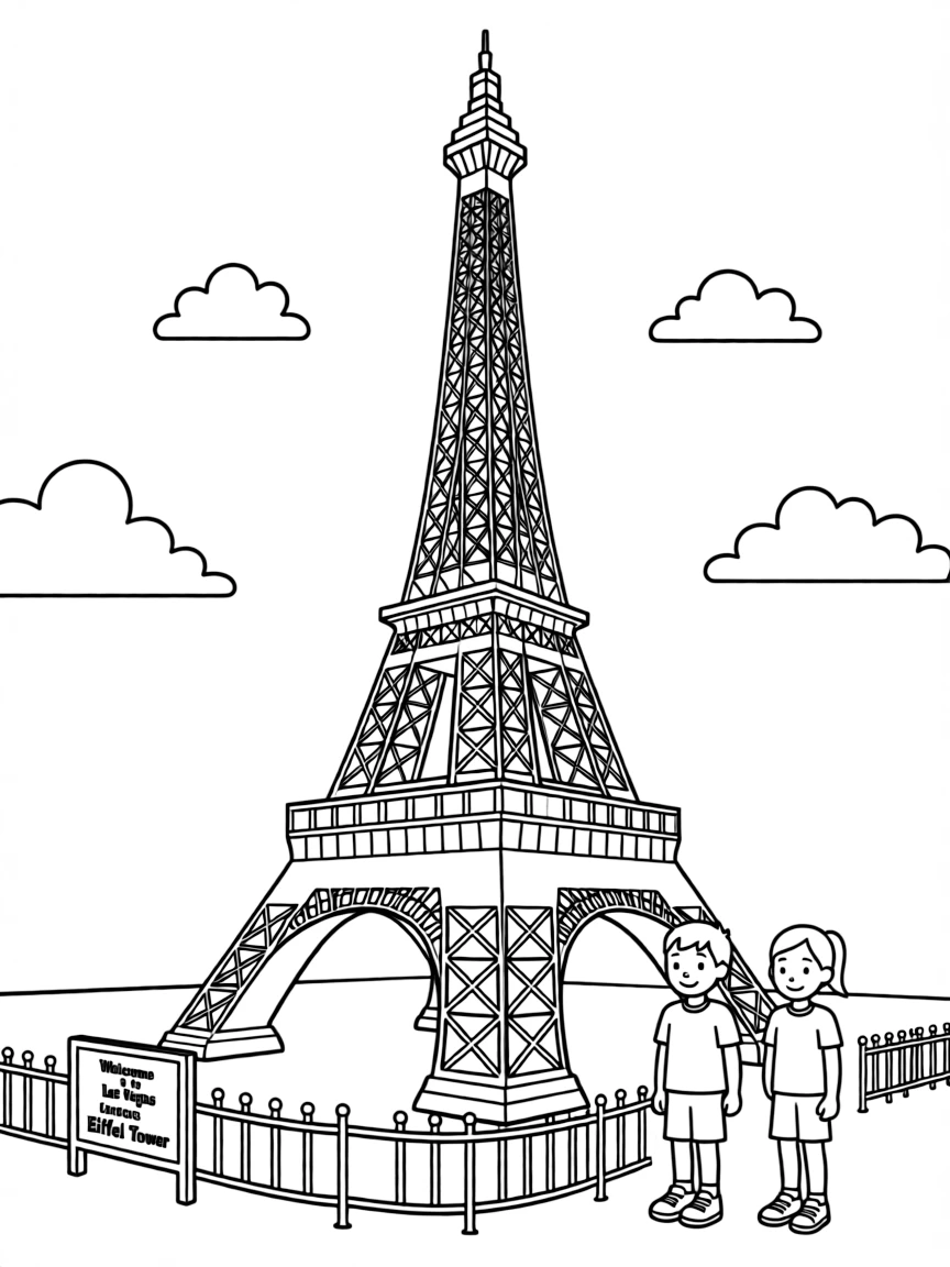 A simplified drawing of the Eiffel Tower replica in Las Vegas for coloring.