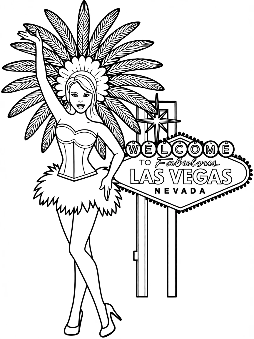 A cute drawing of a showgirl in Las Vegas for coloring.