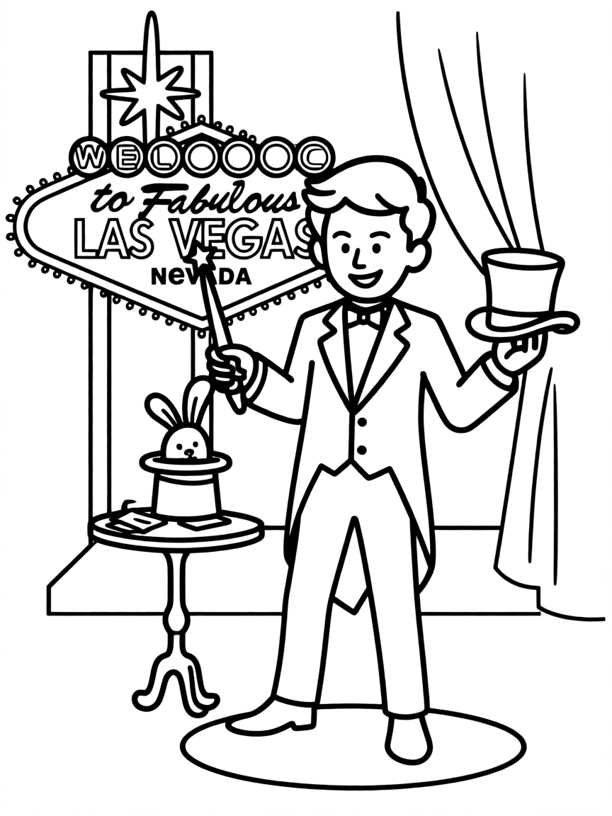 A simple outline of a magician performing in Las Vegas for coloring.