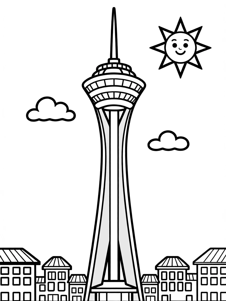 A cartoon-style drawing of the Stratosphere Tower in Las Vegas for coloring.