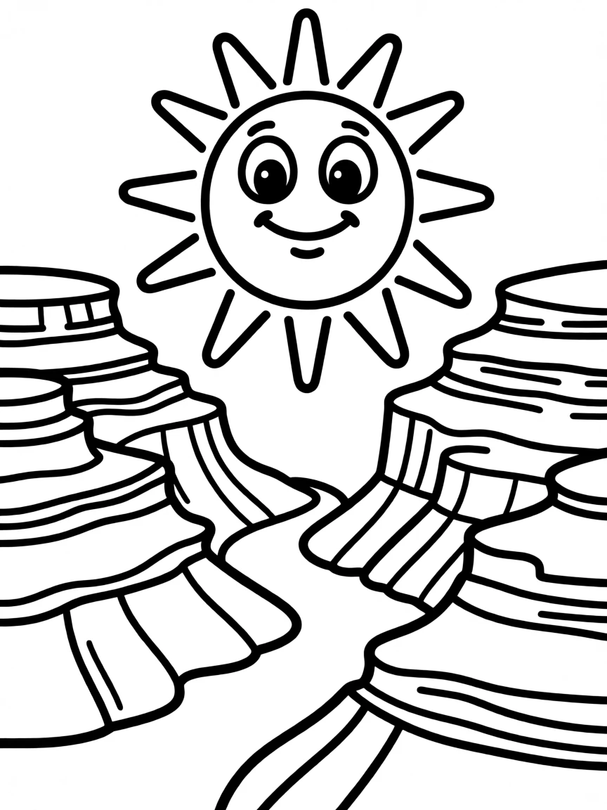 A drawing of a simplified grand canyon with a happy sun for coloring.