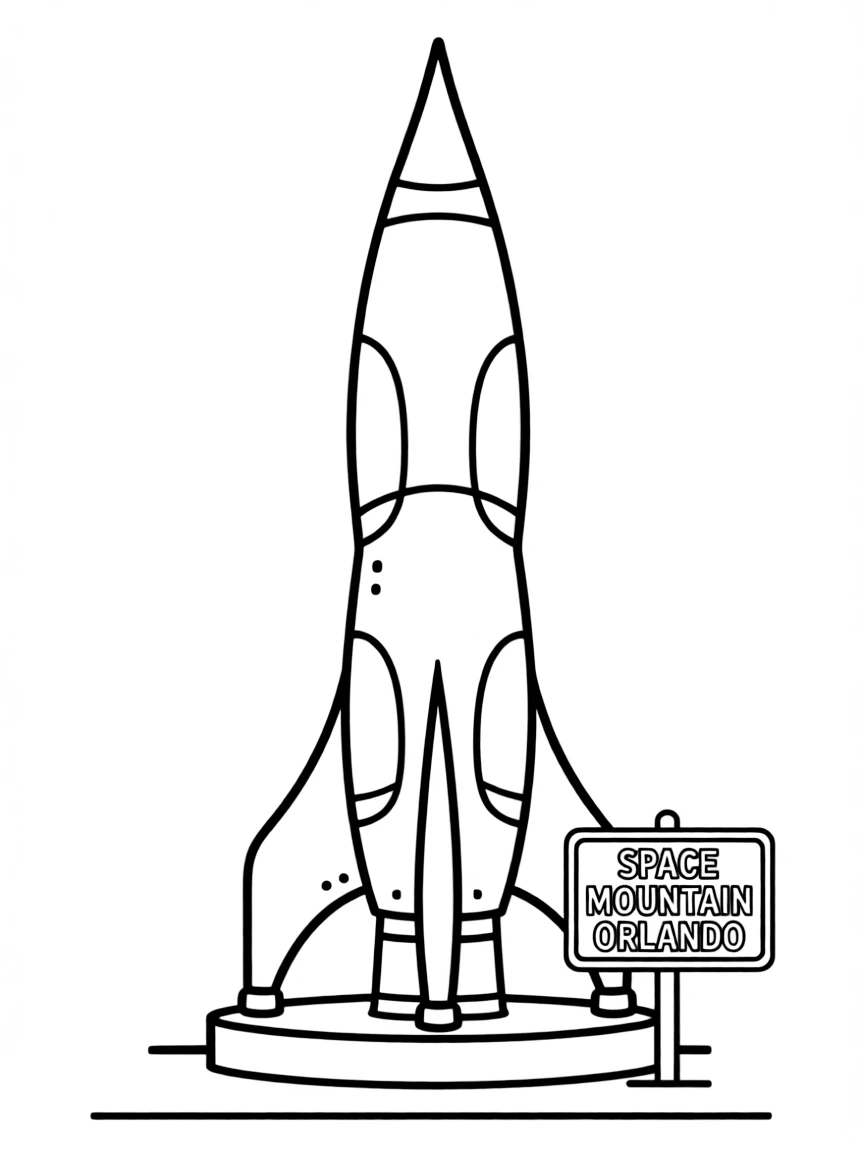 A cartoon-style drawing of a Space Mountain rocket in Orlando for coloring.