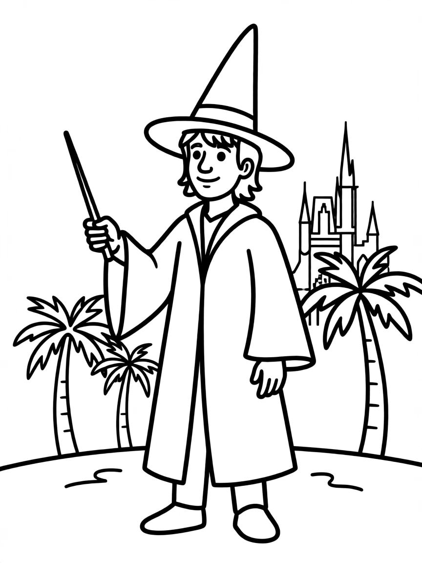 A simplified drawing of a wizard with a wand in Orlando for coloring.
