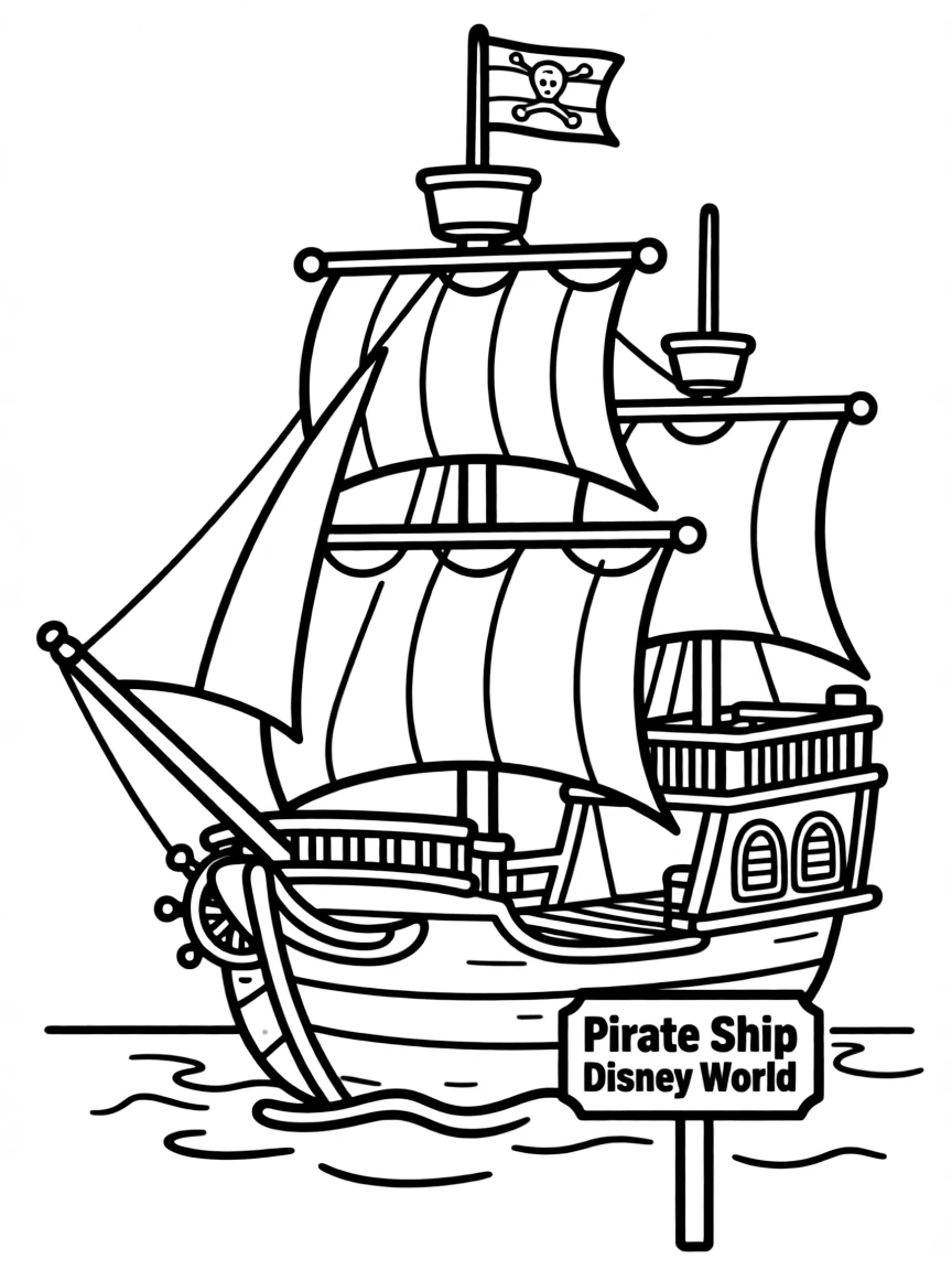 A simple outline of a pirate ship at Disney World for coloring.