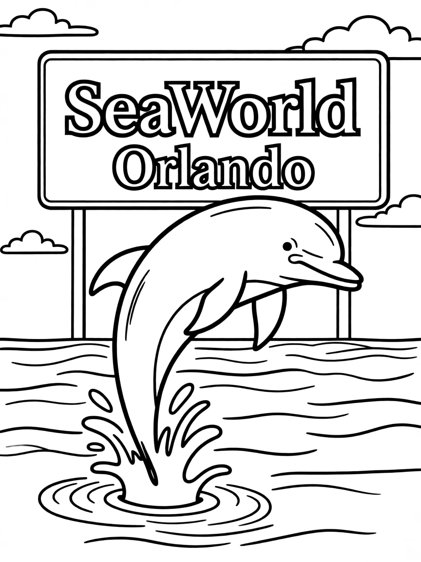 A drawing of a happy dolphin jumping at SeaWorld, Orlando.