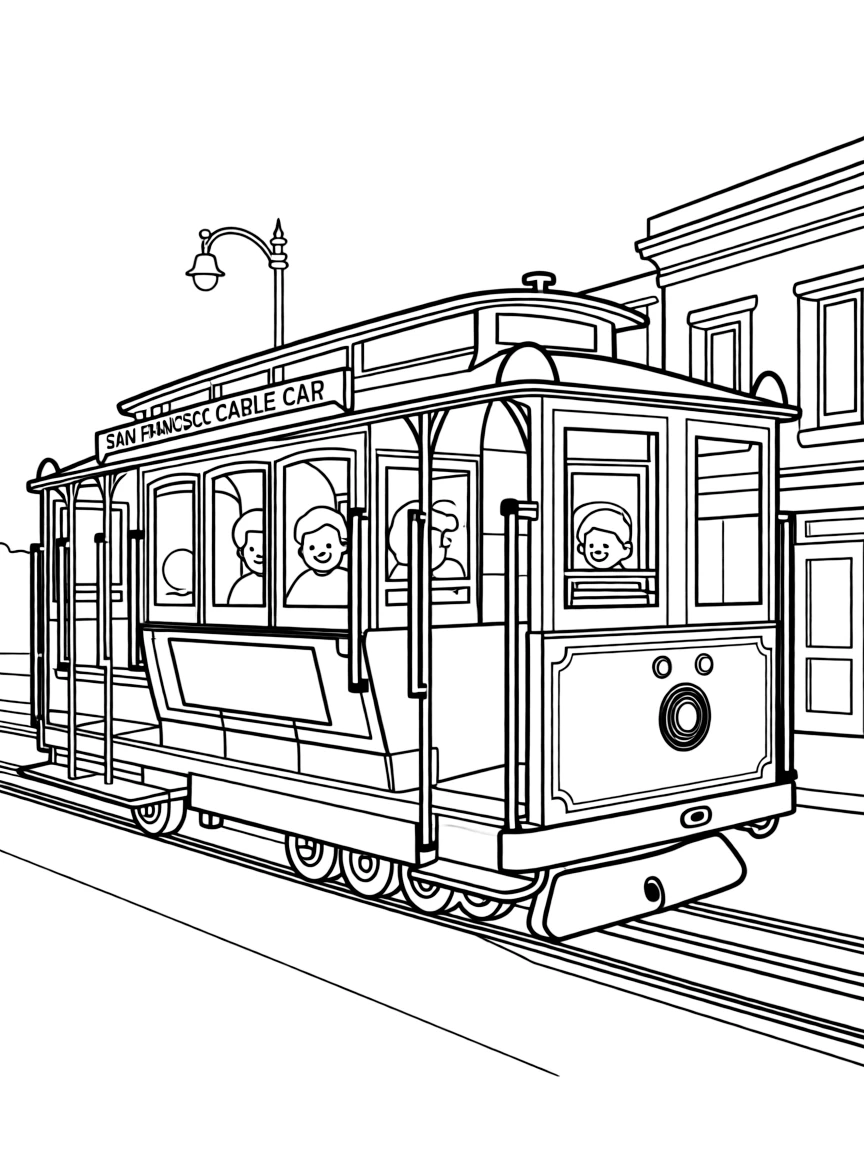 A cartoon-style drawing of a cable car in San Francisco for coloring.