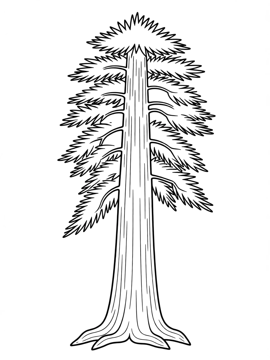 A simple outline of a tall Redwood tree in California for coloring.