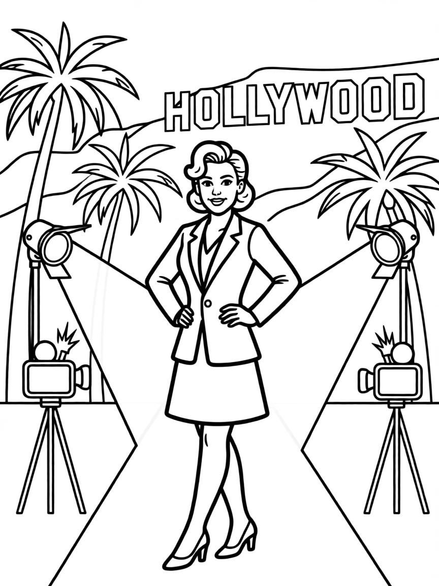 A cartoon-style drawing of a movie star in Hollywood for coloring.