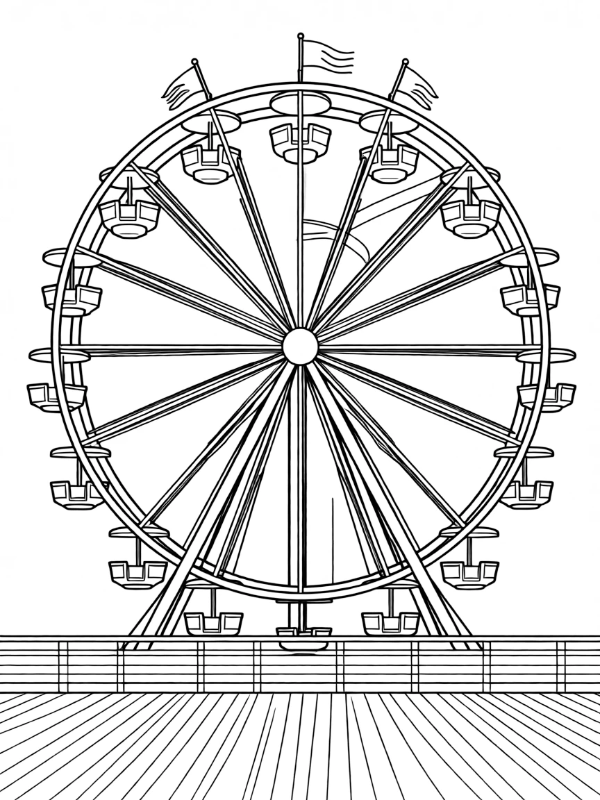 A simplified drawing of the Santa Monica Pier Ferris Wheel for coloring.