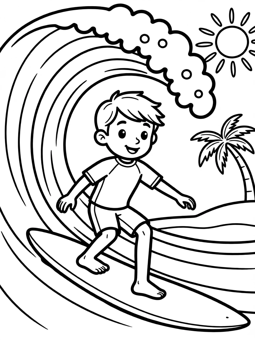 A cute drawing of a surfer on a wave in California for coloring.